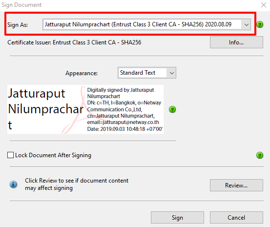 วิธีการ Sign เอกสารบน Adobe Acrobat โดยใช้ Document Signing Certificate