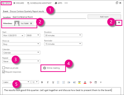 New meeting request with numbers matching the steps in the procedure